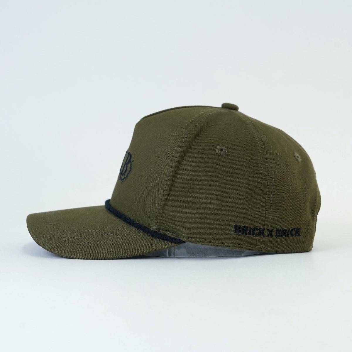 Woodsman Cap side view with Brick X Brick embroidery