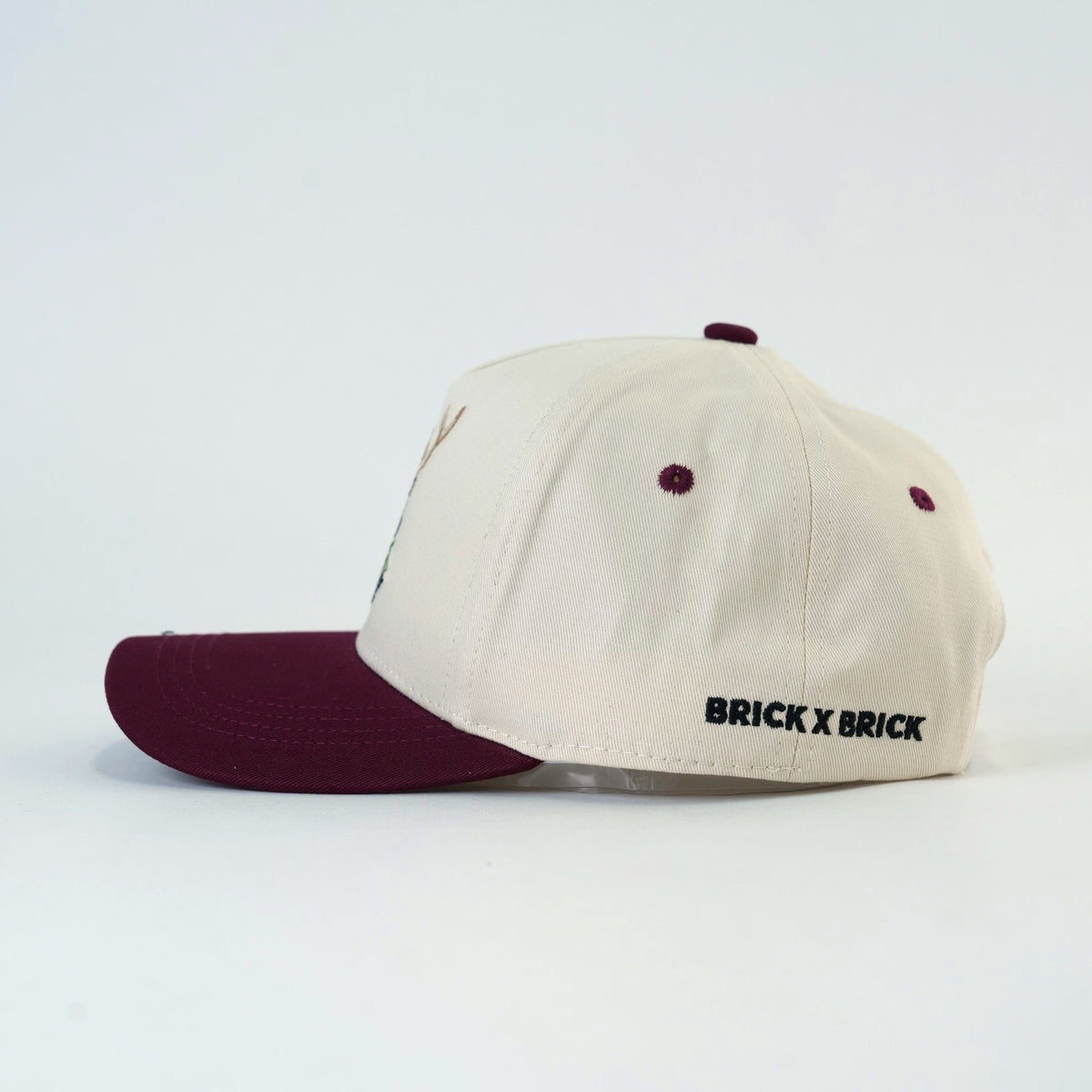 Cranberry Stag Cap side view with Brick X Brick embroidery